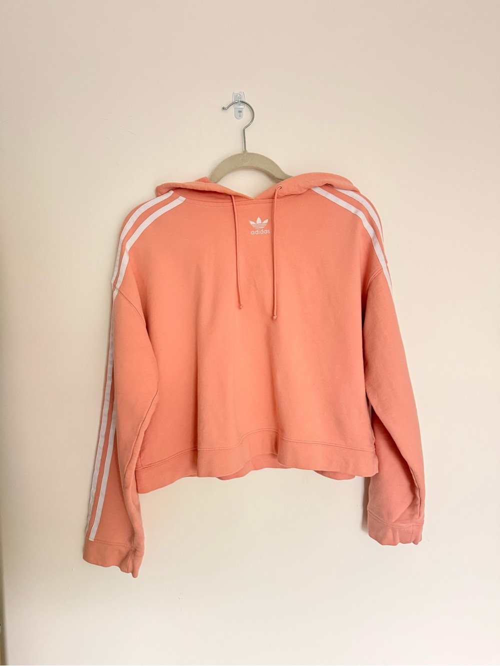 adidas Peach-Pink Cropped Hoodie with White Stripes
